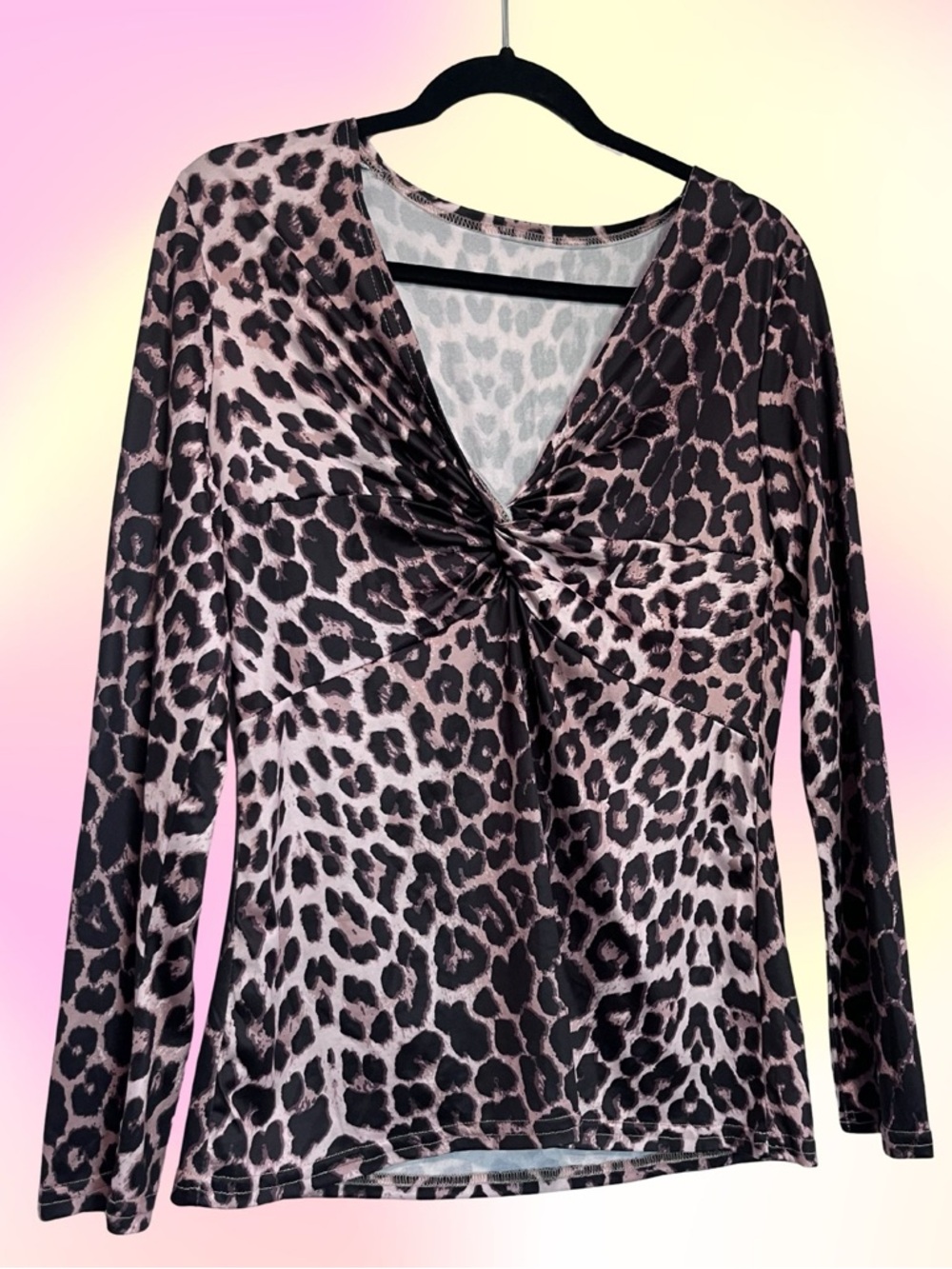 Leopard Print Twist Front Long Sleeve Top - Pink & Black